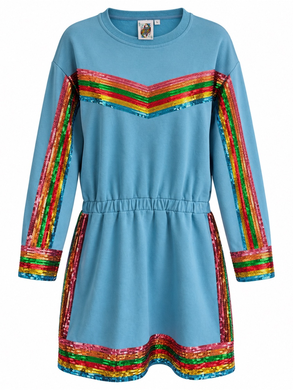 Queen of Sparkles Rainbow Sequin Stripe Puff Sleeve Romper Blue Large